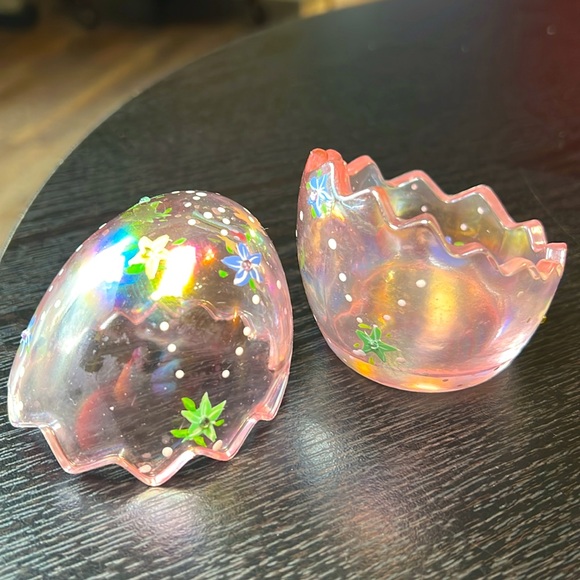 Vintage Other - Vintage Pink Iridescent Glass Egg Dish Hand Painted Tealight Candle Holder